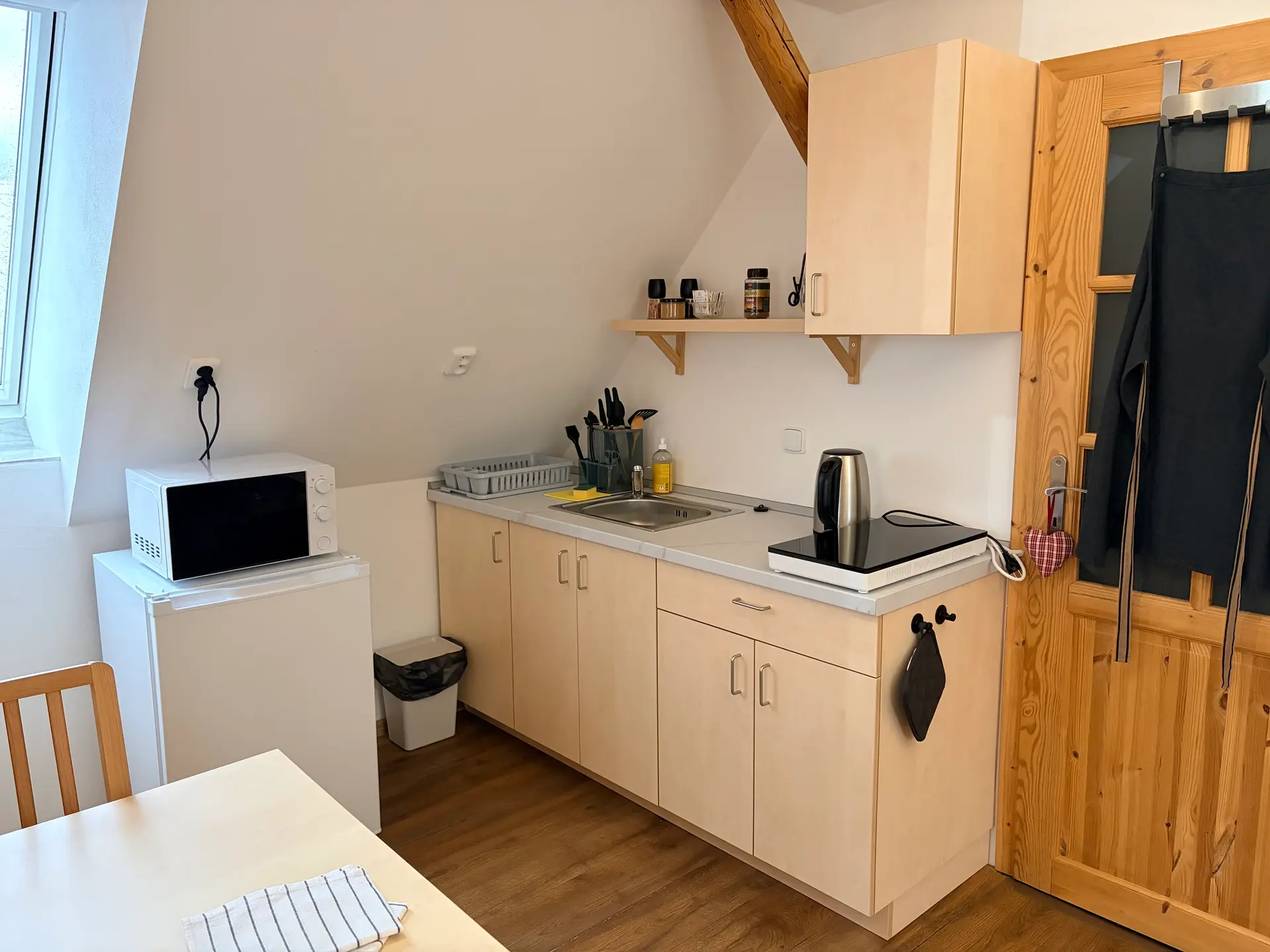Kuchyňská linka apartmánu 1 s mikrovlnnou troubou a lednicí