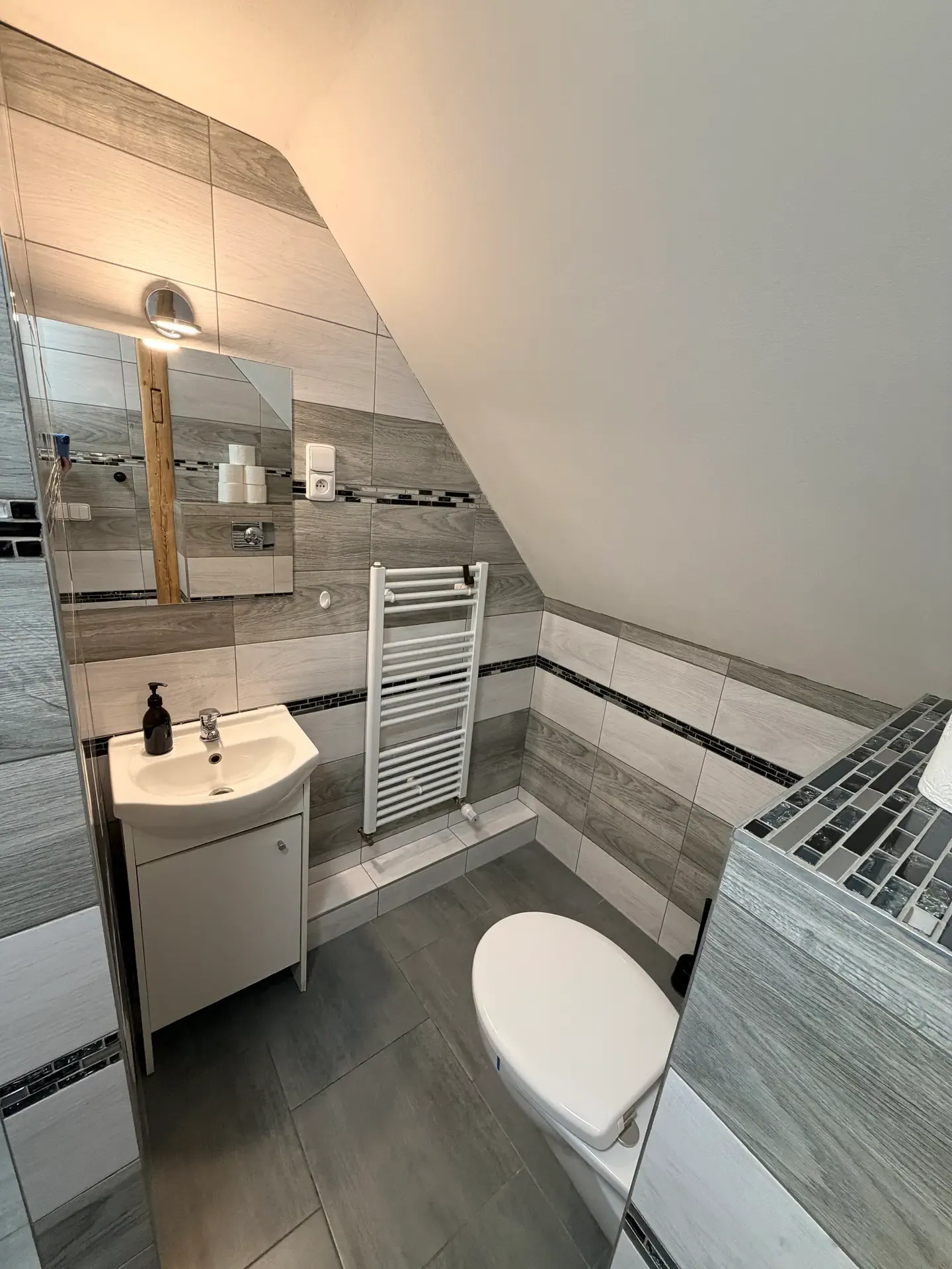 Koupelna apartmánu 2 s umyvadlem, toaletou a topným žebříkem